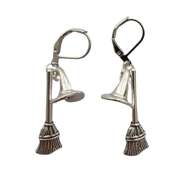 Tiny Antique Silver Witch Broomstick Lever Back Earrings Minimalist Halloween Je - Picture 1 of 4